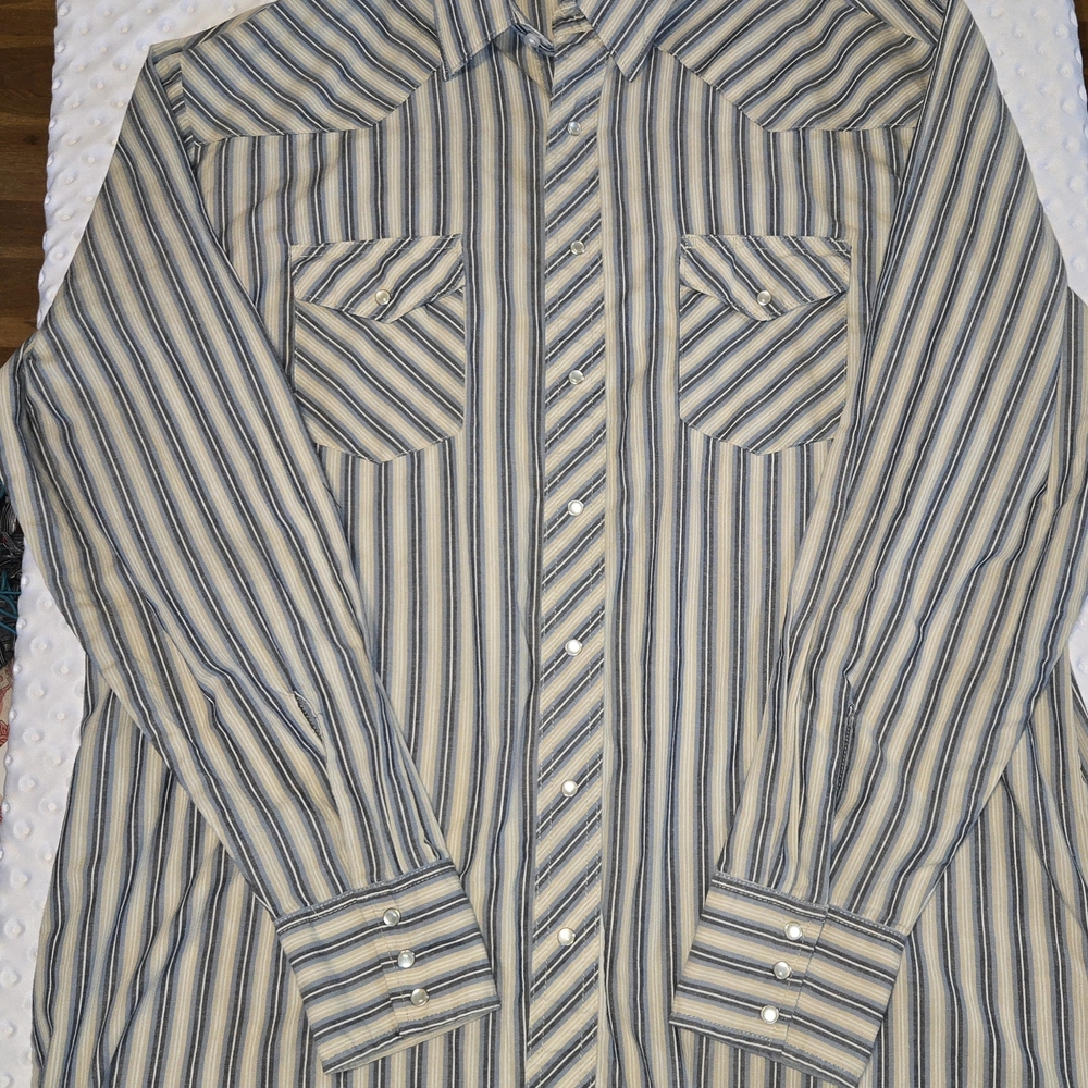 Wrangler Shirt Mens 2XLT Beige Stripe Western Pearl‎ Snap Long Sleeve Cowboy